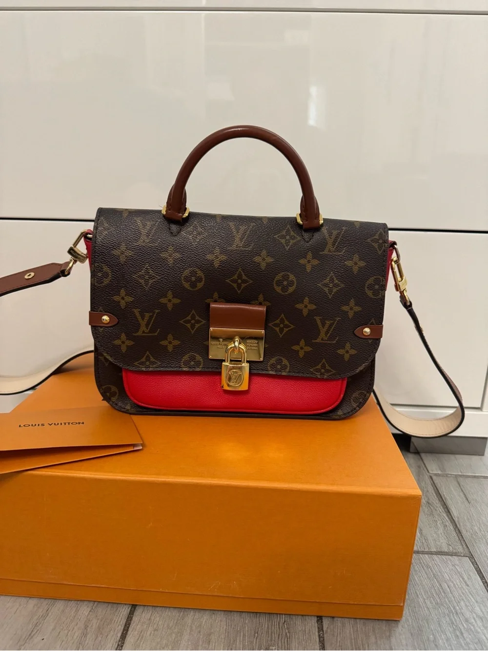 Louis Vuitton Monogram Satchel with Red Front Accent and Brown Trim